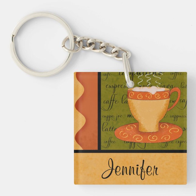 Llavero Naranja Gold Green Coffee Cup Art Custom Name (Frente)