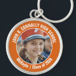 Llavero Naranja marcha banda de fotos espíritu de escuela<br><div class="desc">Esta genial foto personalizada de la banda de marchas de la escuela secundaria muestra tipografía blanca de su equipo y nombre del jugador en una cadena de claves de brag naranja para los padres. Personalice con la fotografía de su estudiante y el año de clase como un padre orgulloso. Una...</div>