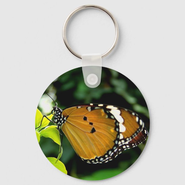 Llavero Naranja, mariposa negra y blanca en hojas (Anverso)