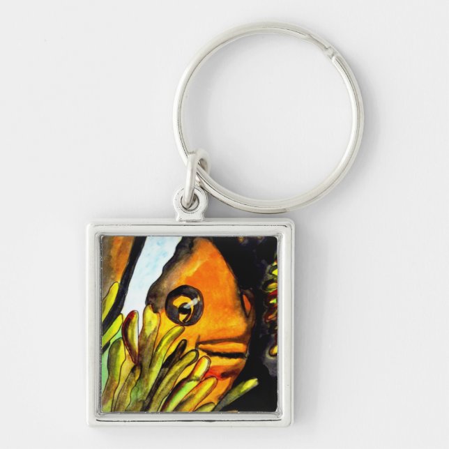 Llavero Naranja Payaso Pescado acuarela pintura original (Frente)