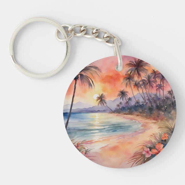 Llavero Naranja Pink Sunset Tropical Beach Palm Trees (Frente)