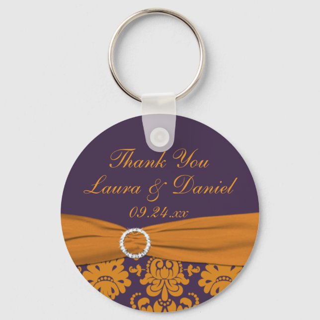 Llavero Naranja y Purple Damask Wedding Favor Keychain (Anverso)