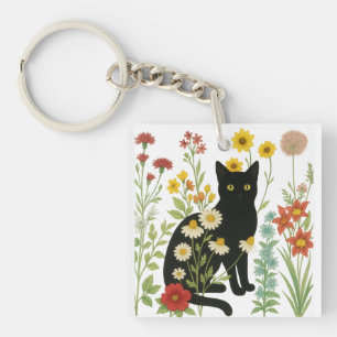 Llavero Naturaleza Botánica – Gato Negro en Jardín de Flor