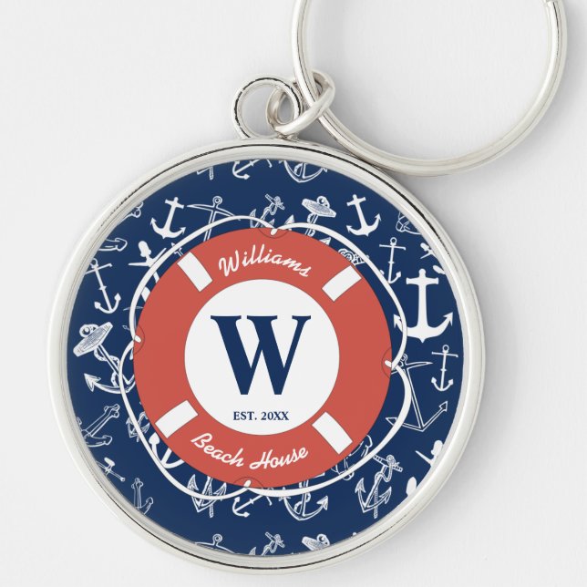 Llavero Nautical Monogram Navy Blue Anchor Beach House (Frente)