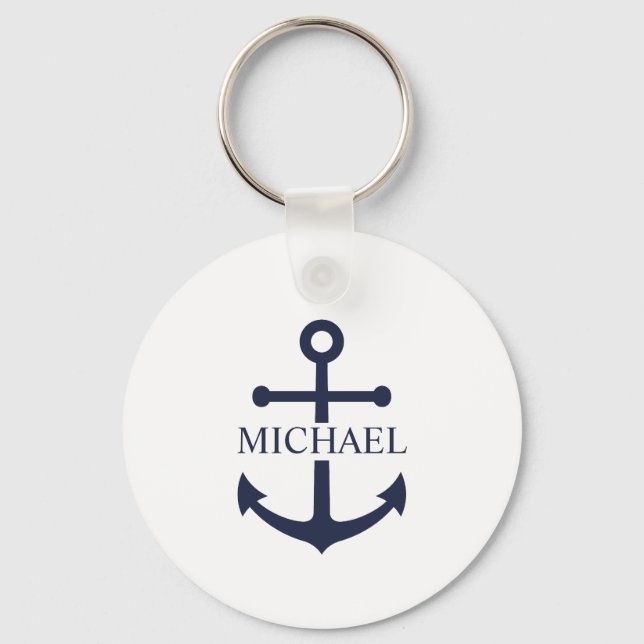 Llavero Nautical Navy Blue Anchor Nombre Personalizado (Anverso)