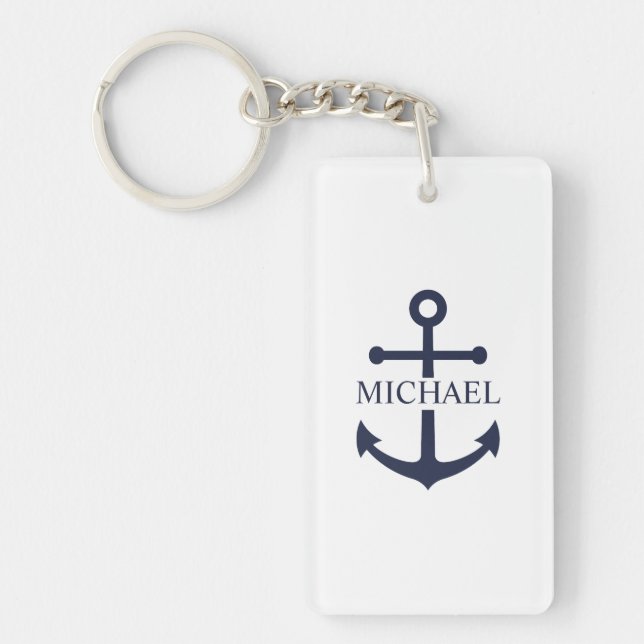 Llavero Nautical Navy Blue Anchor Nombre Personalizado (Frente)