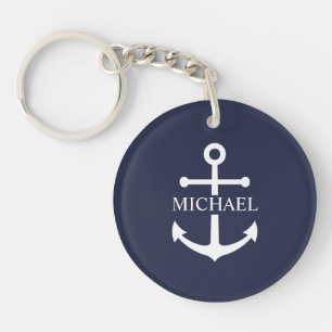 Llavero Nautical Navy Blue Anchor Nombre Personalizado