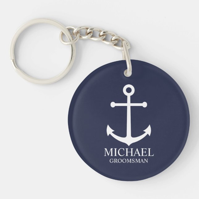 Llavero Nautical Navy Blue Anchor Personalizado Groomsmen (Frente)