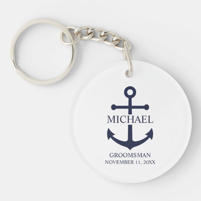 Llavero Nautical Navy Blue Anchor Personalizado Groomsmen (Frente)