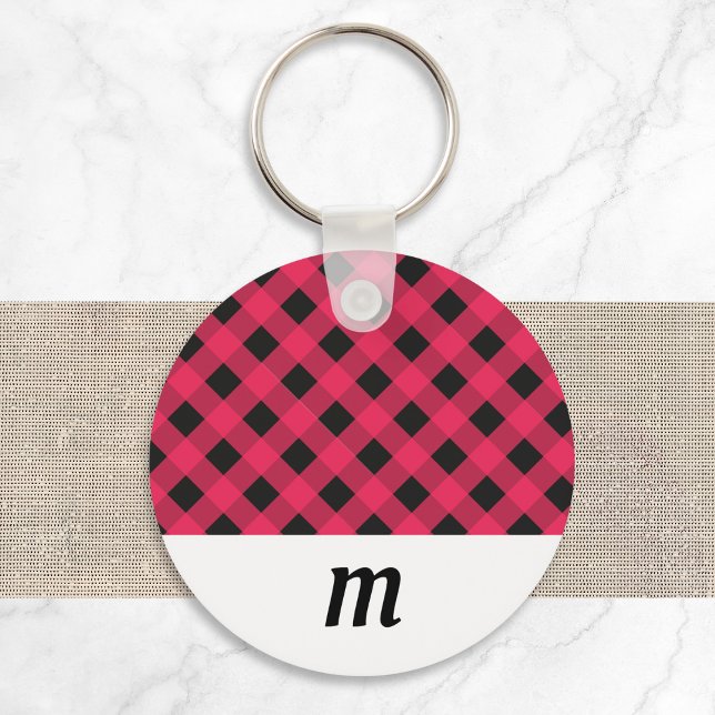 Llavero Navidad Cuadro de Búfalo Rústico Monograma (A keyring with red and black buffalo check pattern, and a white section to customize with a monogram)