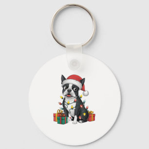 Llavero Navidad en Santa Hat Boston Terrier Dog