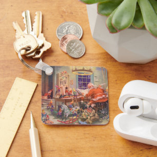 Llavero Navidad Retro, Santa Claus con taller de duendes