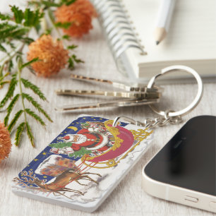 Llavero Navidad Vintage, alegre Santa Claus con trineo