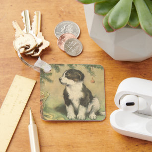 Llavero Navidad Vintage, Cachorro Lindo Debajo del Árbol d