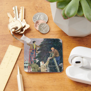 Llavero Navidad Vintage, Familia Colocando Luces en el Árb