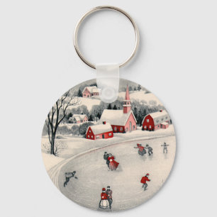 Llavero Navidad vintage, patinadores de hielo victorianos 