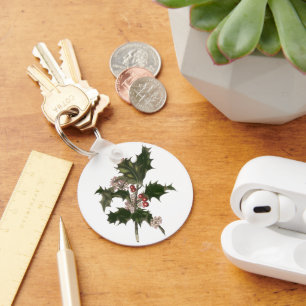 Llavero Navidad Vintage, Planta de Acebo Verde con Bayas