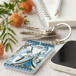 Llavero Navidad Vintage, Santa Claus azul con Bola de Niev