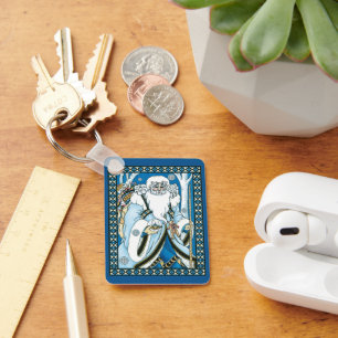 Llavero Navidad Vintage, Santa Claus azul con bola de niev