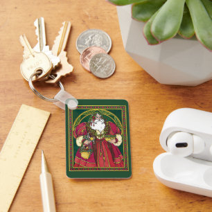 Llavero Navidad vintage, Santa Claus con hojas holly