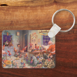 Llavero Navidad Vintage, Santa Claus con taller de duendes