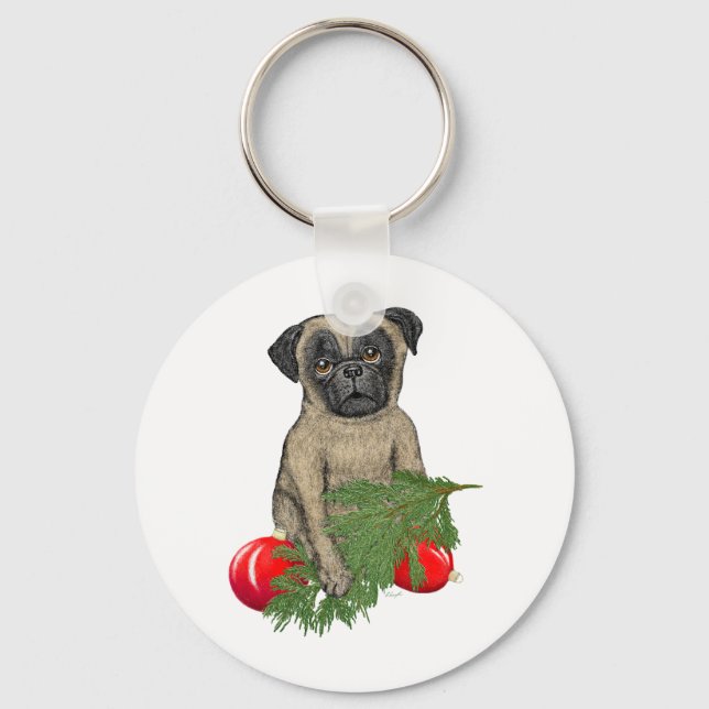 Llavero Navidades adorables pug pipa arte perro (Anverso)