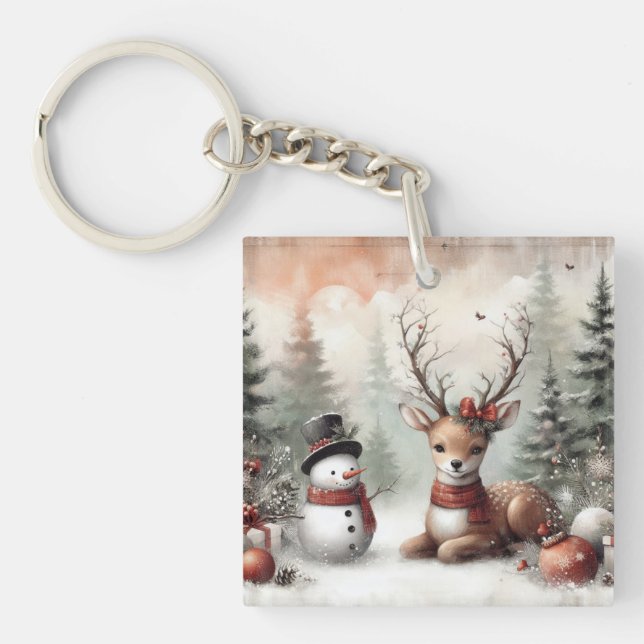 Llavero Navidades clásicos de los bosques de renos y snowm (Frente)
