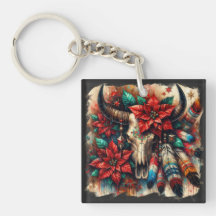 Navidades Cow Bull Skull Poinsettias Feathers
