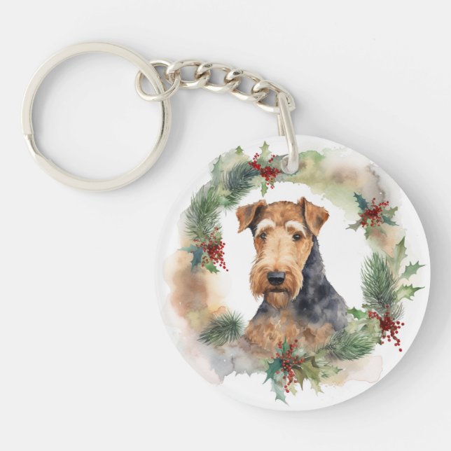 Llavero Navidades de Airedale Wreath Festive Pup (Frente)