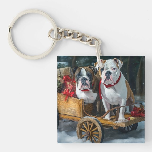Llavero Navidades de American Staffordshire Snowy Sleigh (Frente)