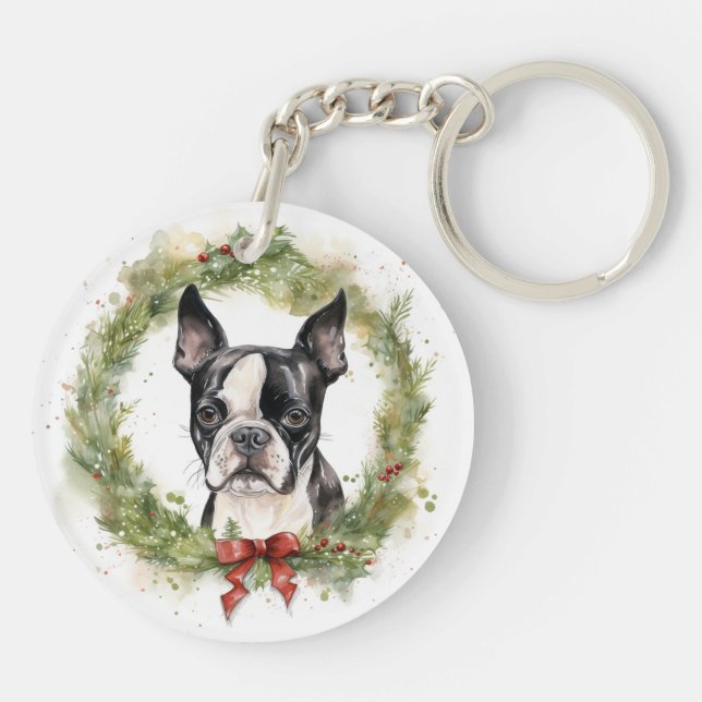 Llavero Navidades de Boston Terrier en la fiesta (Atrás)