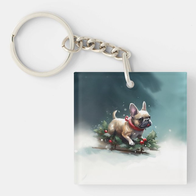 Llavero Navidades de Bulldog franceses nevan el invierno (Frente)