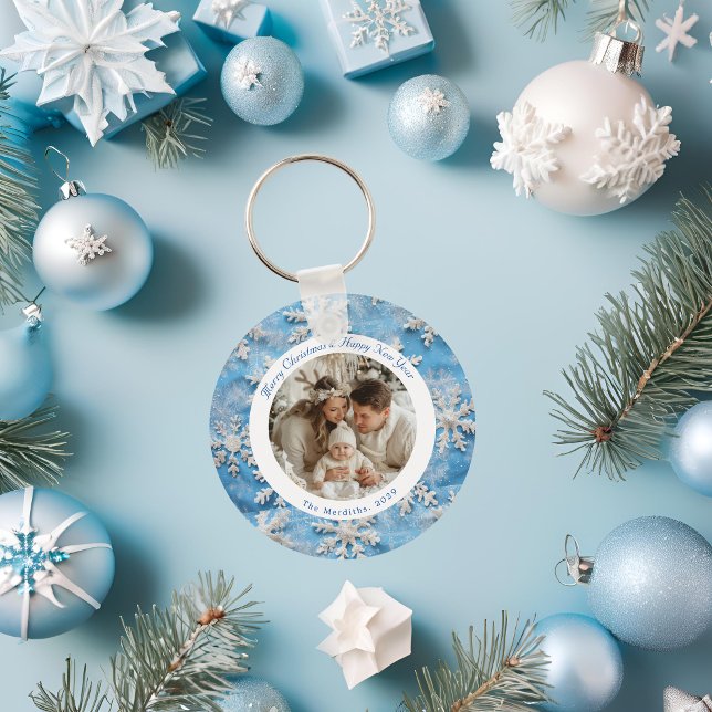 Llavero Navidades de copos de nieve azul personalizados (Snowflake Christmas Key Ring)