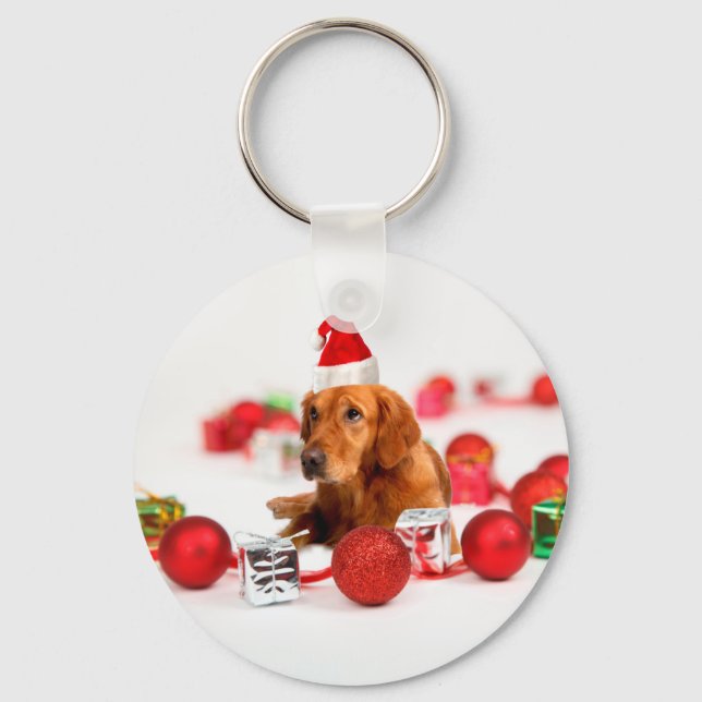 Llavero Navidades de Golden Retriever Dog W Red Santa Hat (Anverso)