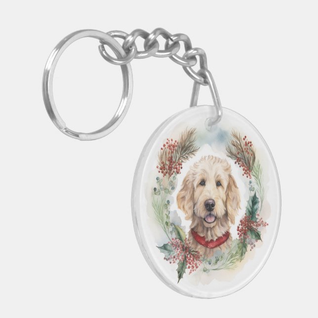 Llavero Navidades de Goldendoodle Wreath Festial Pup (Frente Izquierda)
