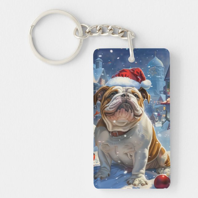 Llavero Navidades de invierno Bulldog inglés disfrutan (Frente)
