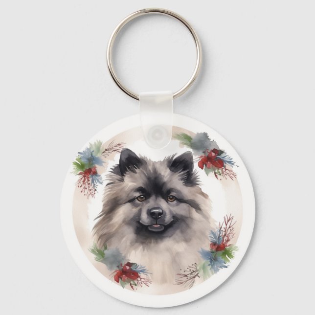Llavero Navidades de Keeshond Wreath Festive Pup (Anverso)