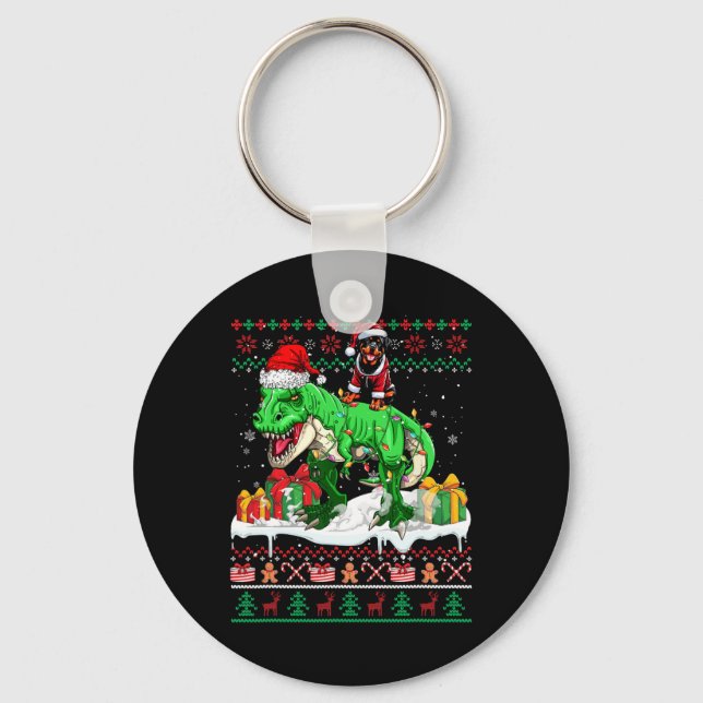 Llavero Navidades de Santa Rottweiler Riding T-rex Sweater (Anverso)