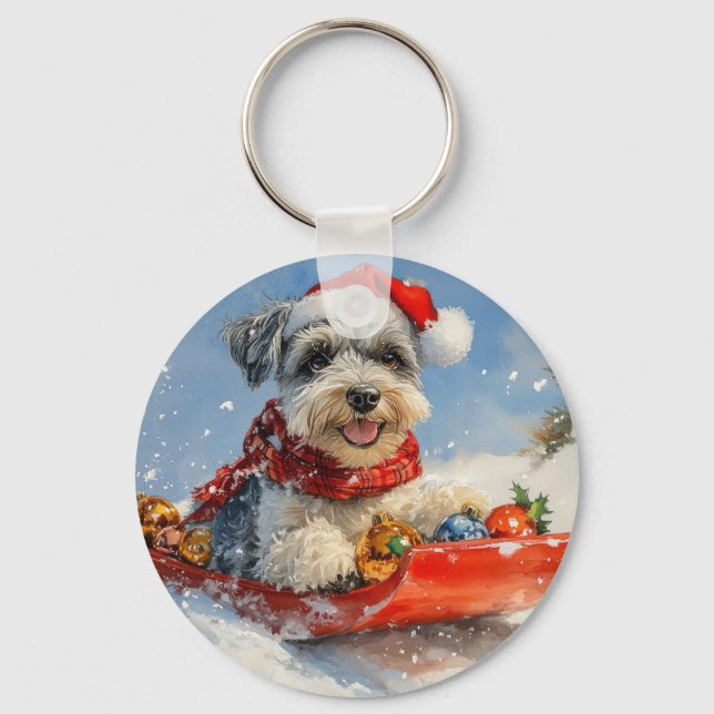 Llavero Navidades de Schnauzer Dog en Sledge Let it Snow (Anverso)