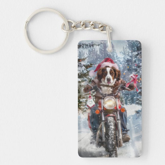 Llavero Navidades en motocicleta de Brittany Spaniel (Frente)