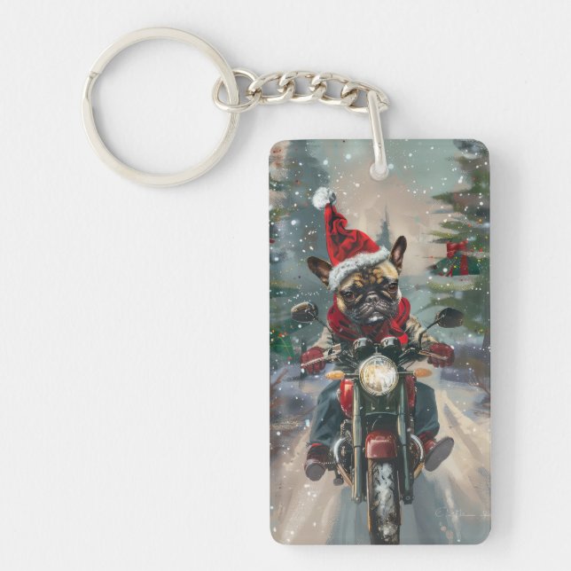 Llavero Navidades en motocicleta de Bulldog francés (Frente)