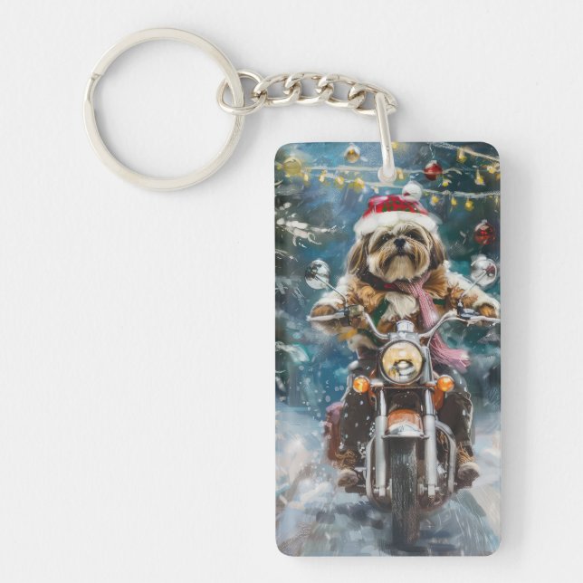 Llavero Navidades en motocicleta de lhasa Apso Dog Riding (Frente)