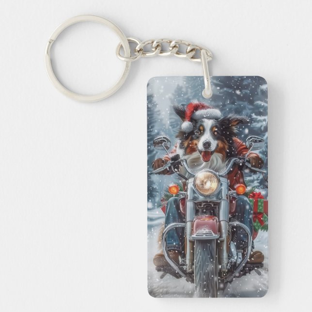 Llavero Navidades en motocicleta de Pastor Australiano (Frente)
