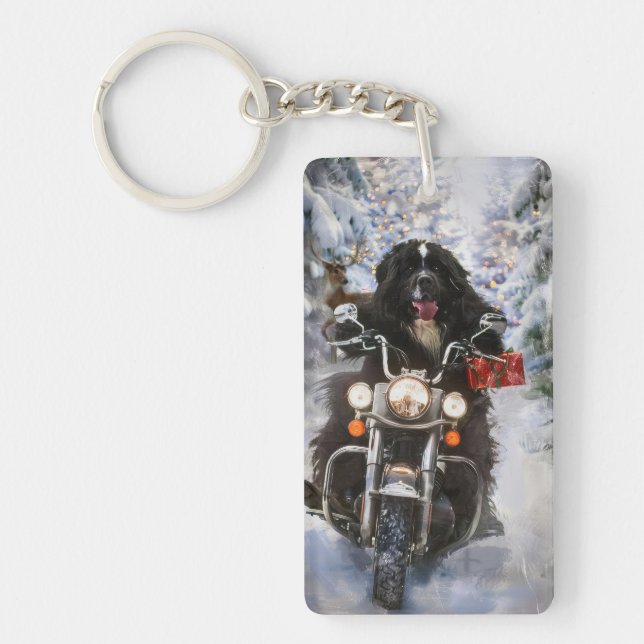 Llavero Navidades en motocicleta de perros de Terranova (Frente)