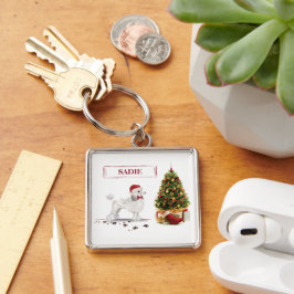Llavero Navidades graciosos de White Poodle con árbol