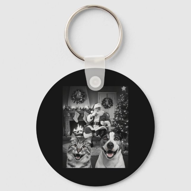 Llavero Navidades Graciosos Selfie De Perro De Gato Con El (Anverso)