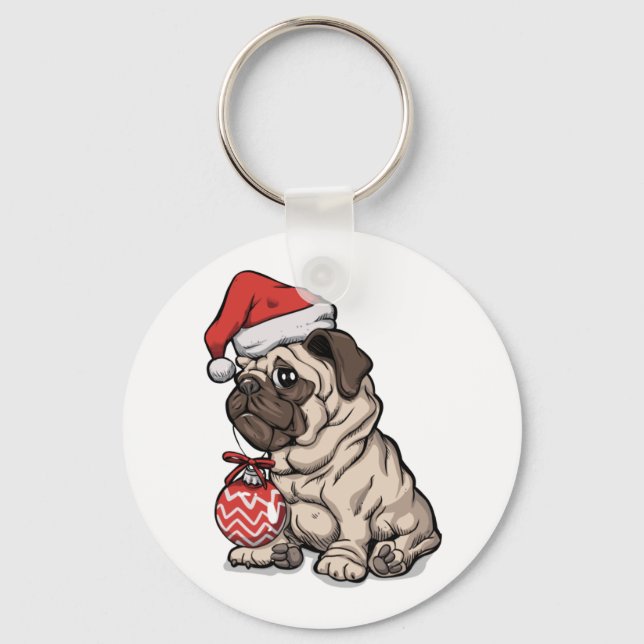 Llavero Navidades Pug lindo gorra personalizado (Anverso)