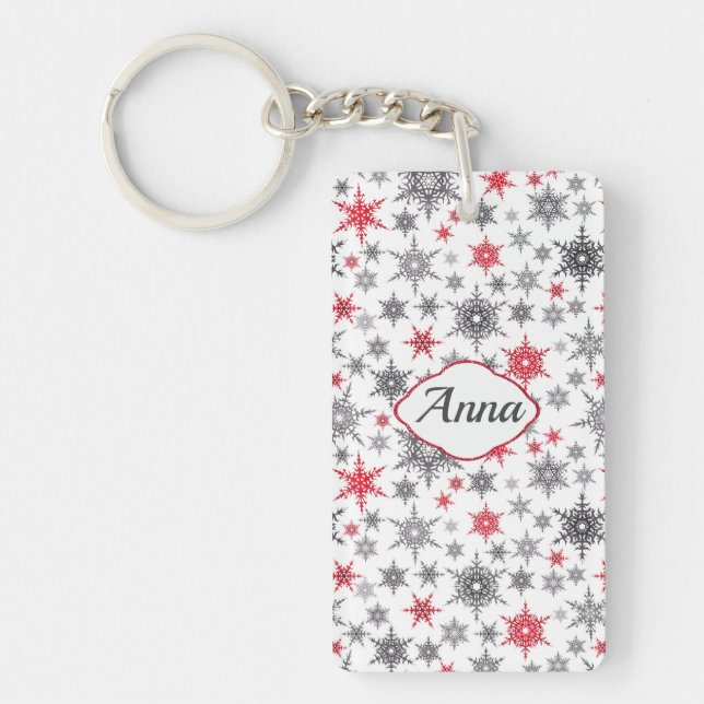 Llavero Navidades, rojo, blanco, copos de nieve, invierno, (Frente)