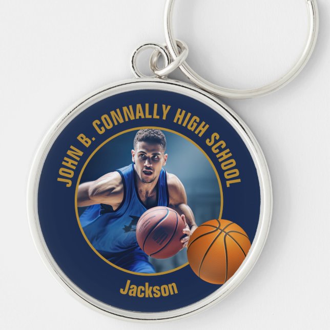 Llavero Navy Blue Gold Basketball Player Photo (Frente)