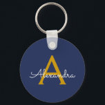 Llavero Navy Blue Gold Modern Script Girly Monograma Nombr<br><div class="desc">Cadenas clave de nombres de monograma simple de guion azul y dorado (cadena de claves). Esto hace que el dulce perfecto cumpleaños 16,  boda,  ducha de novia,  aniversario,  ducha de bebé o fiesta de soltera sea regalo para alguien que ama el lujo glam y los estilos de moda.</div>
